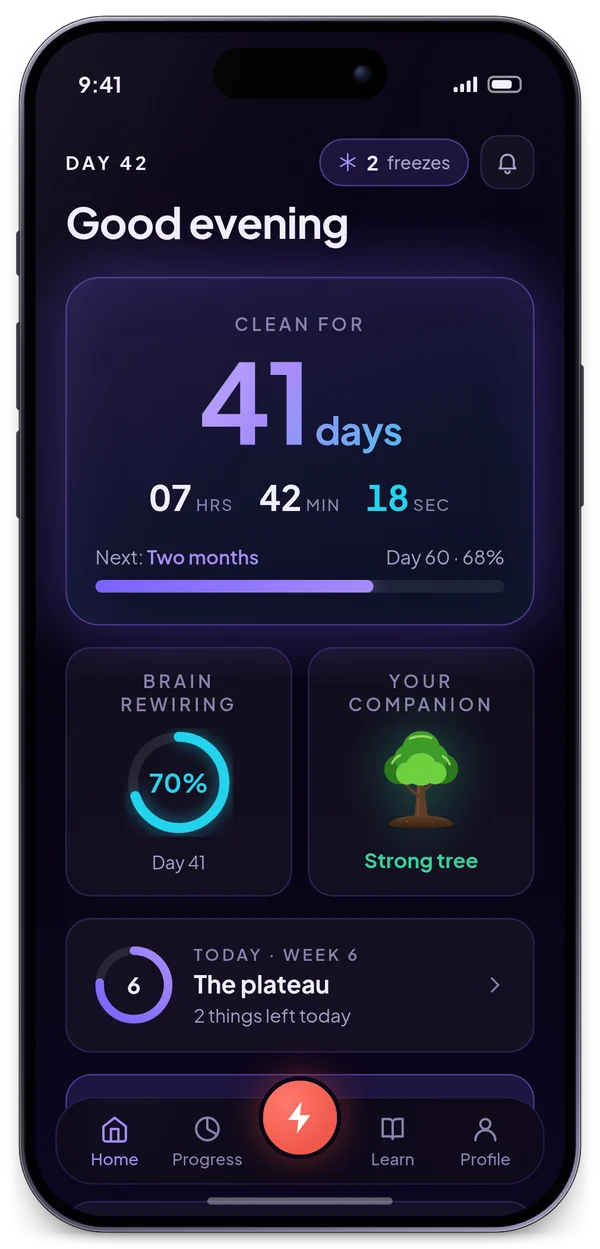 Dopamind's home screen on an iPhone: a 41-day streak, the brain-rewiring ring, the companion tree and today's plan